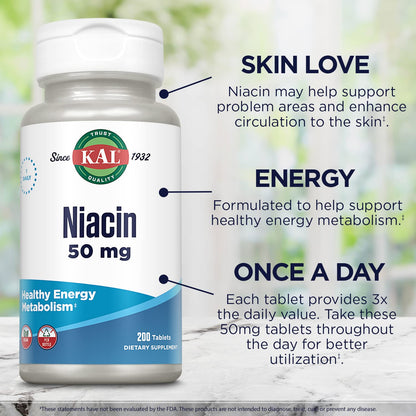 Kal 50 Mg Niacin Tablets, 200 Count | Vitamin B3 Supplement