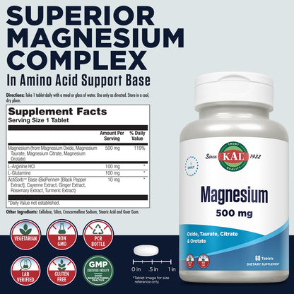 Kal 500 Mg Magnesium Tablets, 60 Count | Four-Form Magnesium Complex