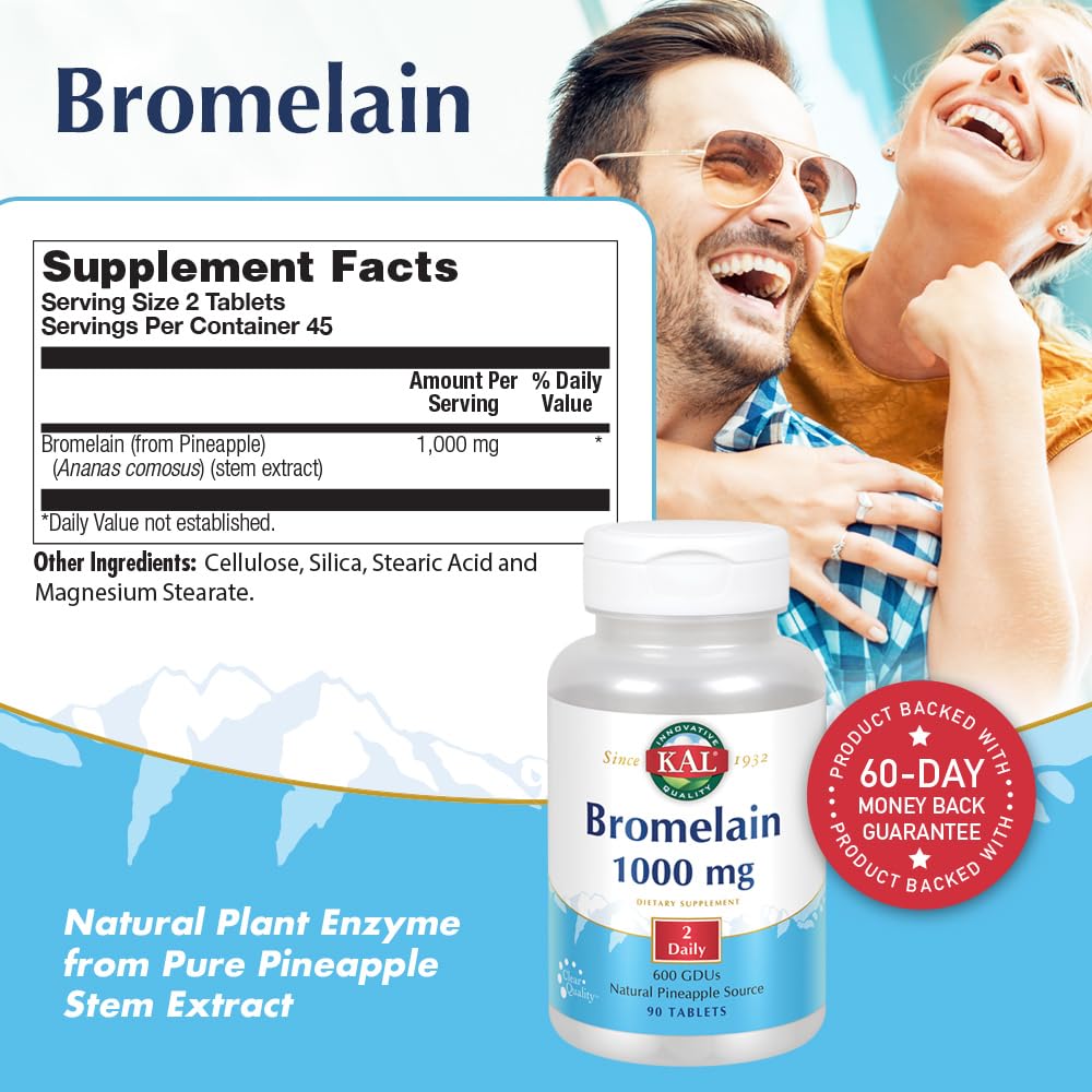 KAL Bromelain Tablets 1000 mg - 90 Count | Digestive Enzyme & Joint Support
