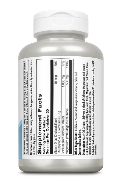 KAL Cal-Citrate+ Calcium Citrate + Vitamin D-3 & Magnesium | 120 Tablets (30 Servings) | Gluten Free