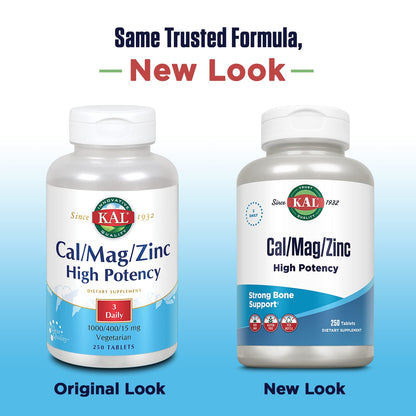 KAL Cal/Mag/Zinc | 1000mg Calcium, 400mg Magnesium & 15mg Zinc | Bone, Muscle, Heart & Immune Support | 250ct