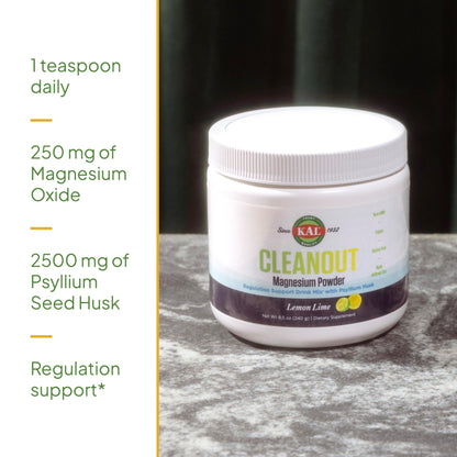 KAL Cleanout Magnesium Plus Psyllium Husk Powder – Lemon Lime | 40 Servings, 8.5 oz