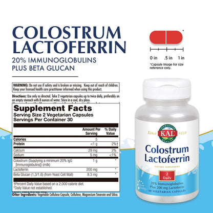 KAL Colostrum Lactoferrin with 20% Immunoglobulins | Immune Support | 30 Servings | 60 Caps