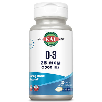 KAL Vitamin D3 1000 IU Softgels – ActivGel, Immune Support, Bone Health (200 Servings)