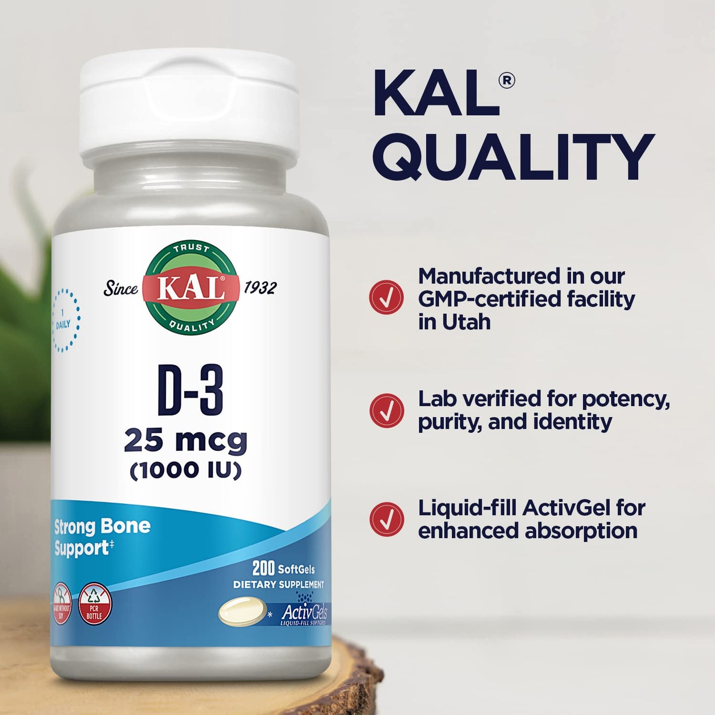 KAL Vitamin D3 1000 IU Softgels – ActivGel, Immune Support, Bone Health (200 Servings)
