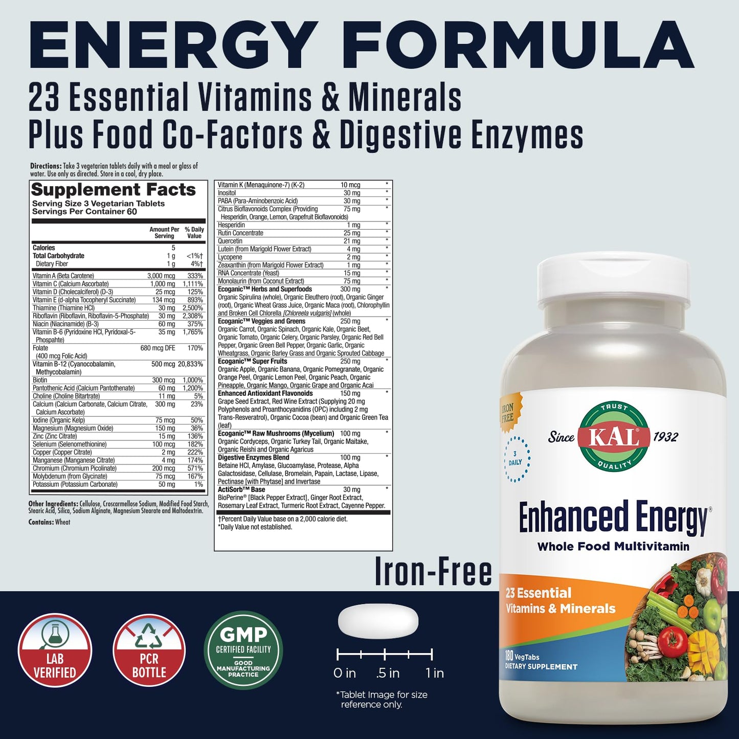 KAL® Enhanced Energy Multivitamin – Whole-Food Based Vitamins & Minerals with Antioxidants, Digestive Enzymes & Natural Carotenoids | 180 Capsules