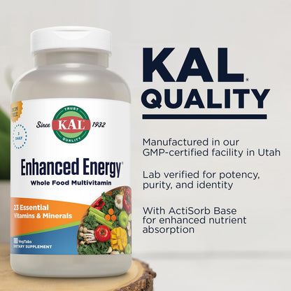 KAL® Enhanced Energy Multivitamin – Whole-Food Based Vitamins & Minerals with Antioxidants, Digestive Enzymes & Natural Carotenoids | 180 Capsules