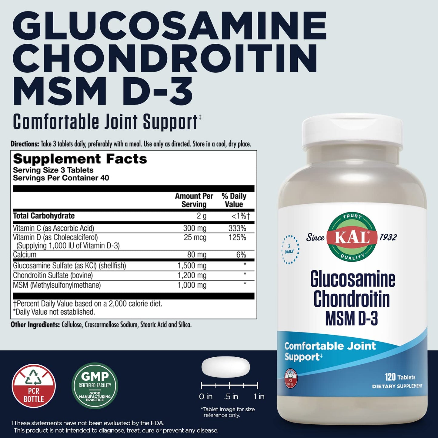 KAL Glucosamine Chondroitin MSM D-3 – Joint Support Supplement (120 Tablets)