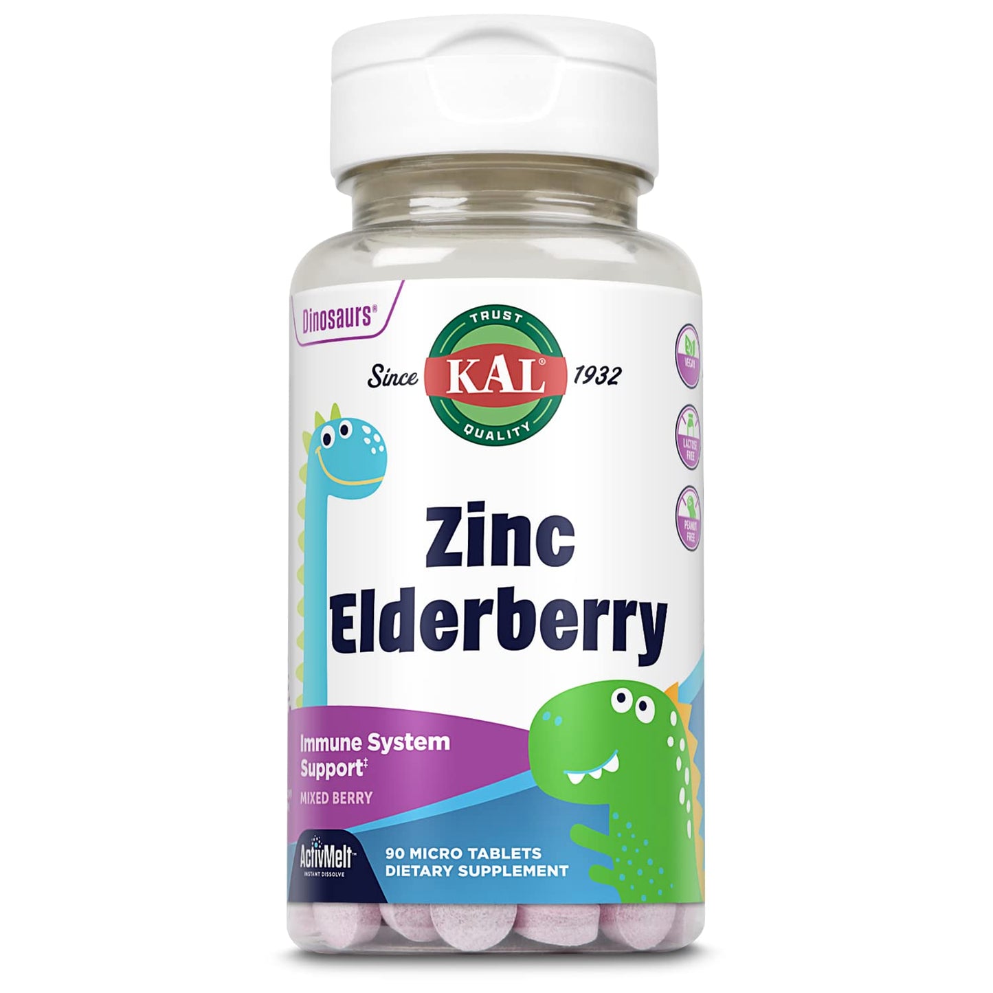 KAL Kids Zinc Elderberry Dinosaurs – Immune Support for Children, Vegan, 90 Servings