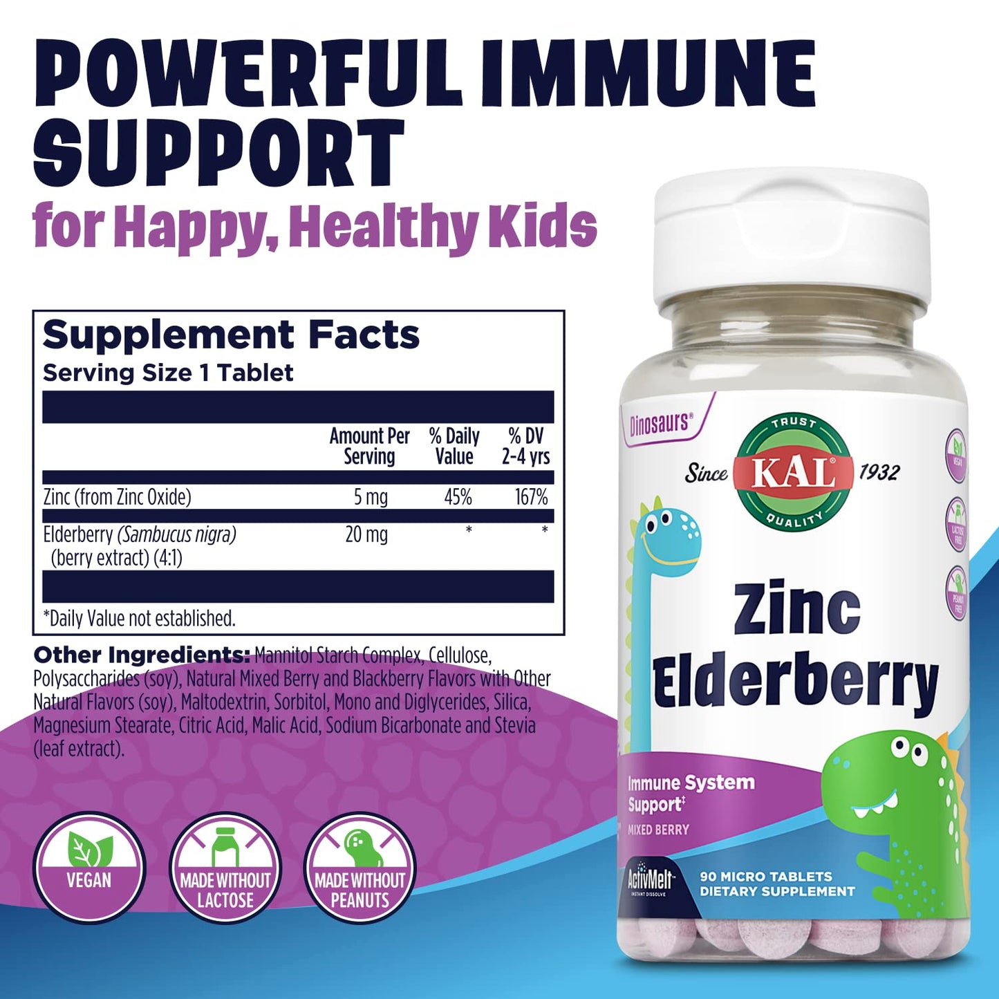 KAL Kids Zinc Elderberry Dinosaurs – Immune Support for Children, Vegan, 90 Servings