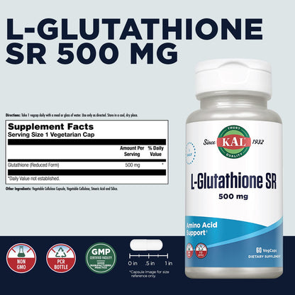 KAL L-Glutathione SR – Reduced GSH 500 mg | Lab Verified | 60 Servings | 60 VegCaps