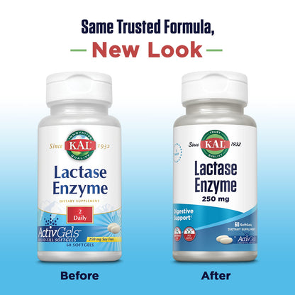 KAL Lactase Enzyme 250 mg | 60 SoftGels, 250 FCC Units for Lactose Intolerance