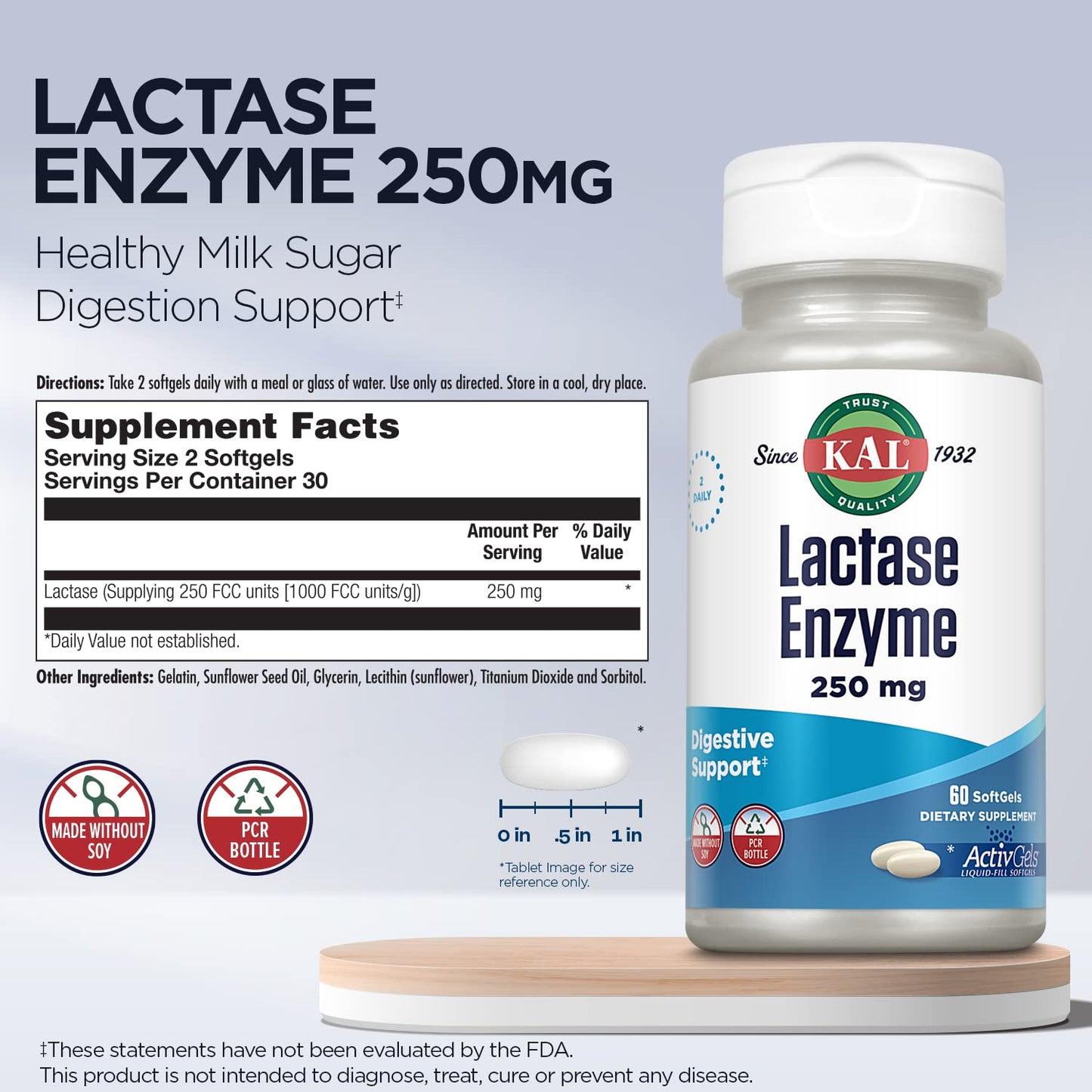 KAL Lactase Enzyme 250 mg | 60 SoftGels, 250 FCC Units for Lactose Intolerance