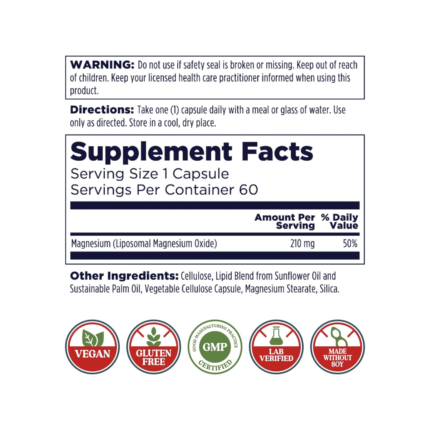 KAL Liposomal Magnesium Oxide 210 mg | High Absorption, Vegan, Gluten Free | 60 Servings