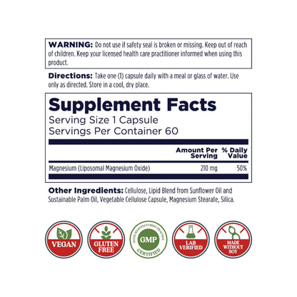 KAL Liposomal Magnesium Oxide 210 mg | High Absorption, Vegan, Gluten Free | 60 Servings