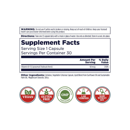 KAL Liposomal Vitamin D3 50 mcg | High Absorption Vitamin D3 | Vegan Capsules | Gluten Free | 30 Servings