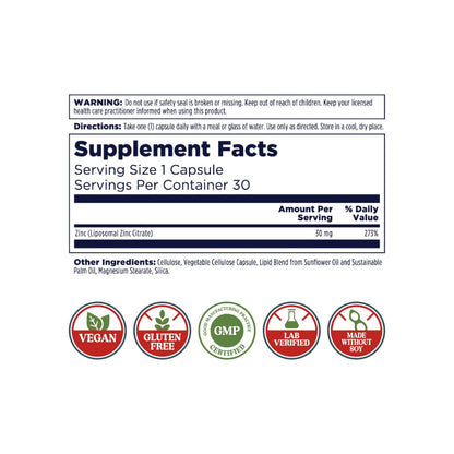 KAL Liposomal Zinc 30mg – Immune Support, Enhanced Absorption, Vegan | 30 Servings