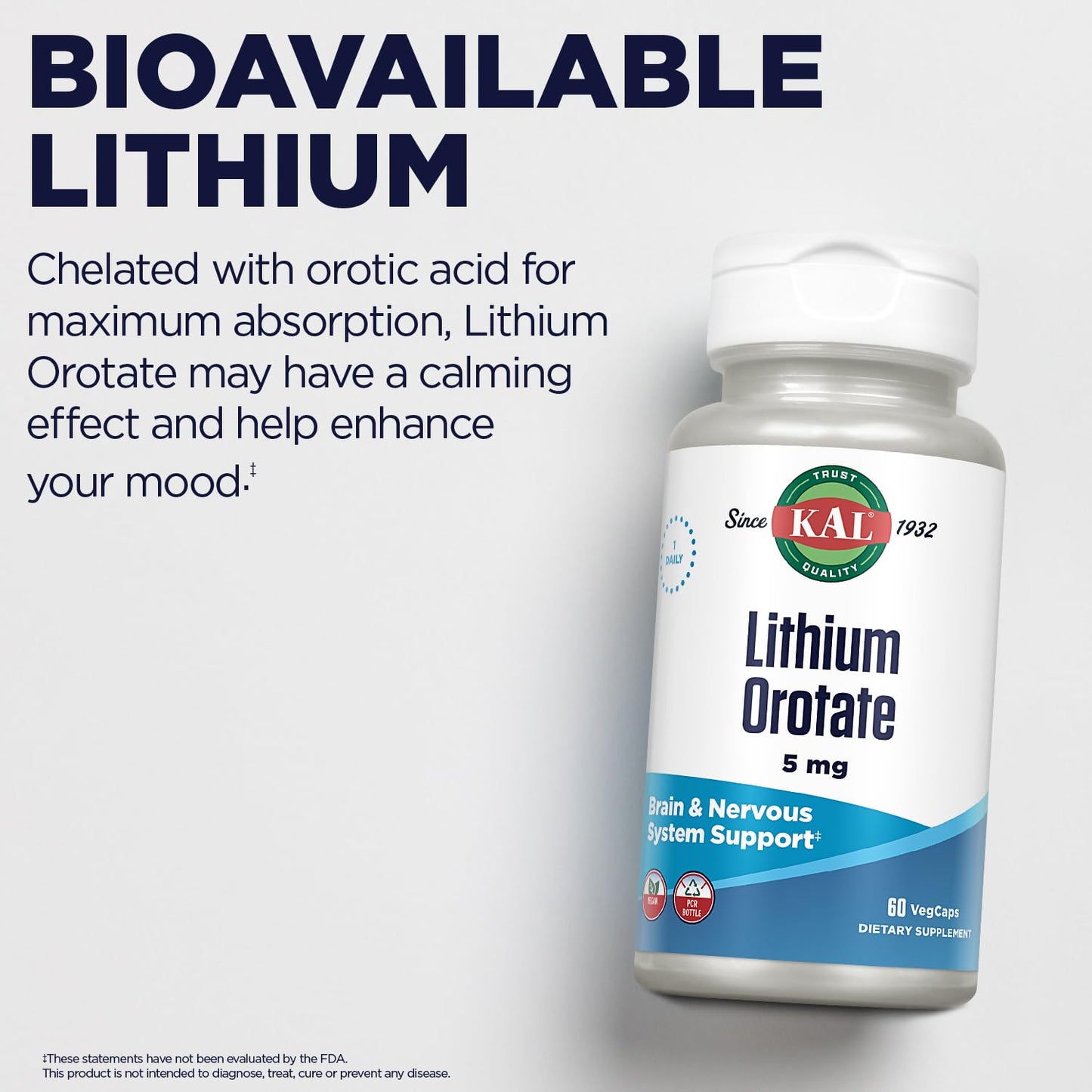 KAL Lithium Orotate 5mg | Mood Support & Bioavailability | Organic Rice Bran Base | 60 VegCaps