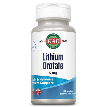 KAL Lithium Orotate 5 mg – Mood Support, 120 VegCaps, Organic Rice Bran Base