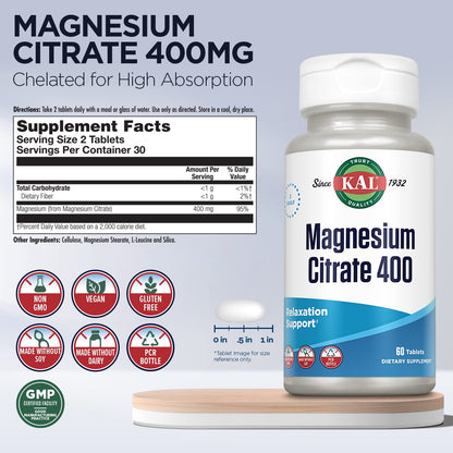 KAL Magnesium Citrate 400mg – Fast-Acting ActivTabs, Vegan & Gluten Free