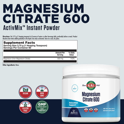 KAL Magnesium Citrate 600 mg ActivMix Instant Powder – Muscle Function, Relaxation, Vegan & Gluten Free