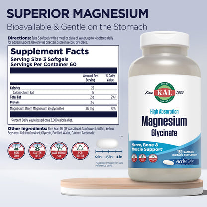 KAL Magnesium Glycinate ActivGels 315mg — Fully Chelated, High Absorption Magnesium Supplement (60 Servings)