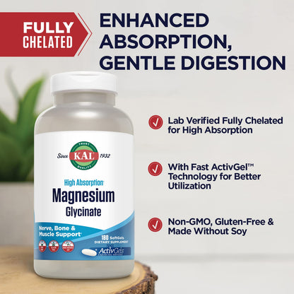 KAL Magnesium Glycinate ActivGels 315mg — Fully Chelated, High Absorption Magnesium Supplement (60 Servings)