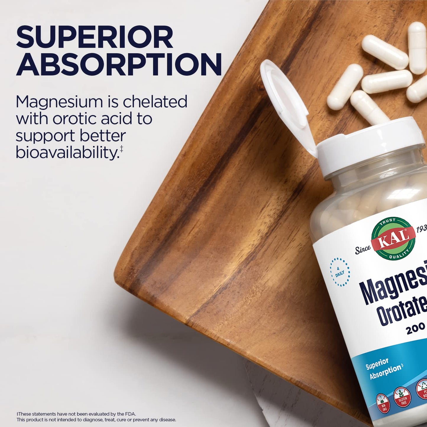KAL Magnesium Orotate 200 mg – Superior Absorption Chelated Magnesium | Bones, Nerves & Muscles | 120 VegCaps