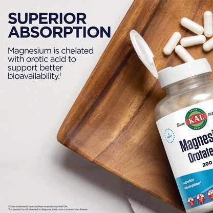 KAL Magnesium Orotate 200 mg – Superior Absorption Chelated Magnesium | Bones, Nerves & Muscles | 120 VegCaps
