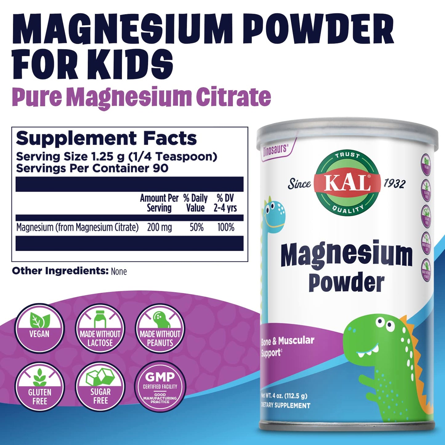 KAL Magnesium Powder for Kids - Pure Magnesium Citrate, 90 Servings, 4 oz