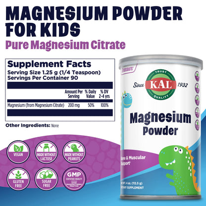KAL Magnesium Powder for Kids - Pure Magnesium Citrate, 90 Servings, 4 oz