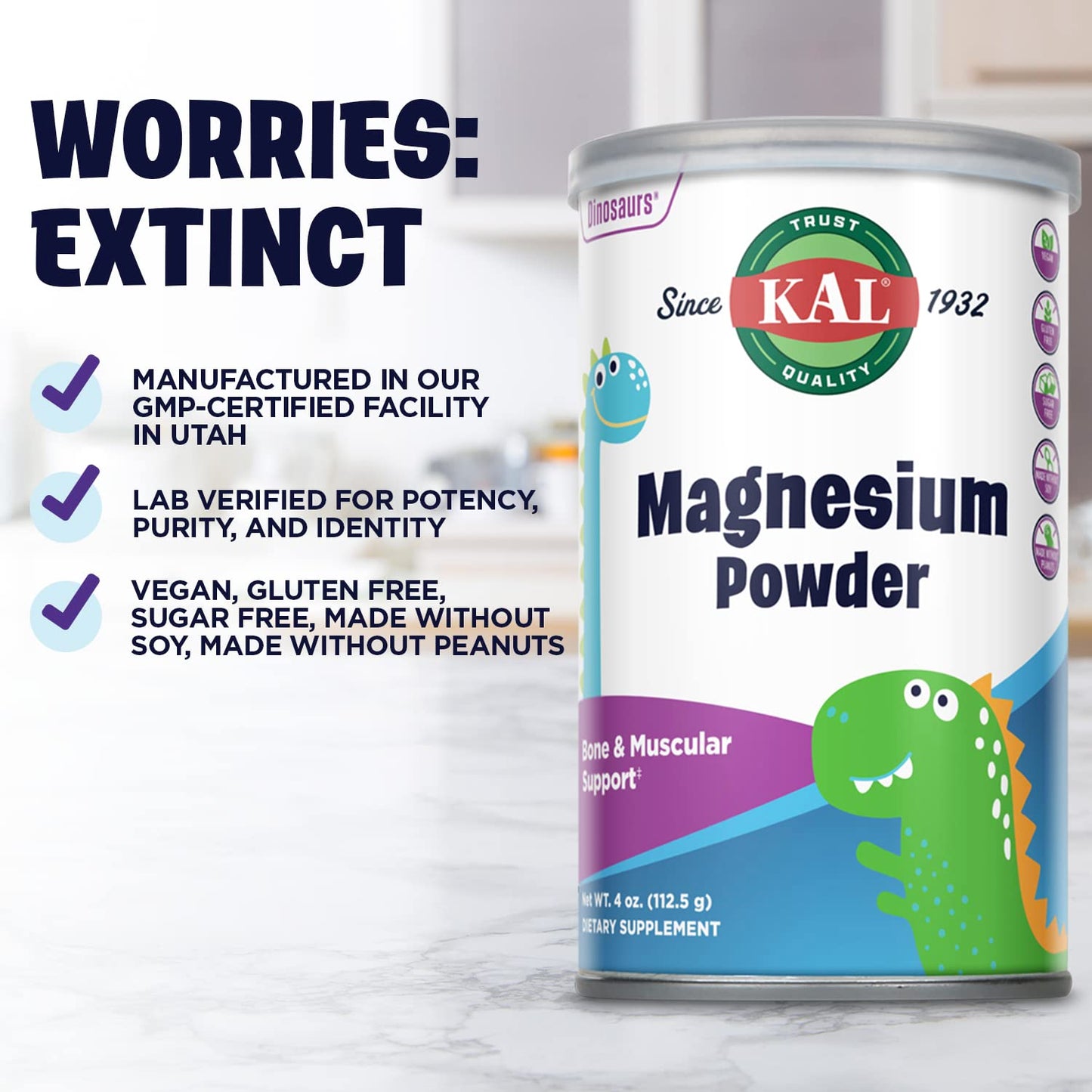 KAL Magnesium Powder for Kids - Pure Magnesium Citrate, 90 Servings, 4 oz