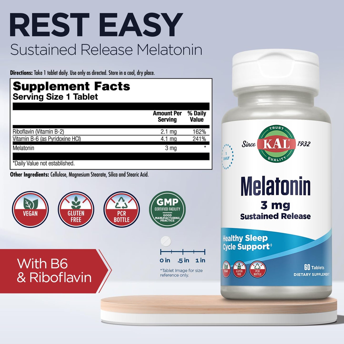 KAL Melatonin 3mg Sustained Release Sleep Aid - Vegan, Gluten Free | 60 Tablets (60 Servings)