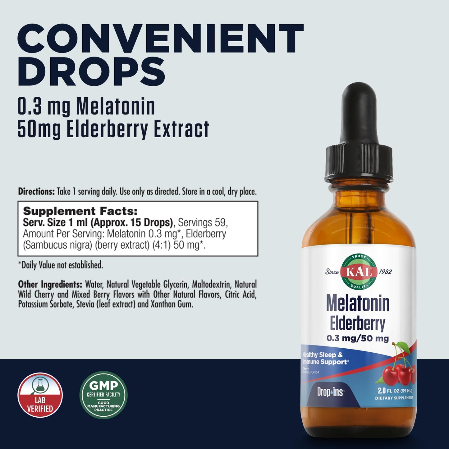 KAL 0.3 mg Melatonin Cherry Elderberry DropIns – 2 Fluid Ounce