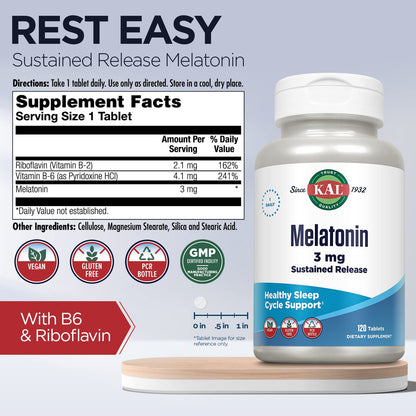 KAL Melatonin 3mg Sustained Release Sleep Aid – Vegan, Gluten Free | 120 tablets