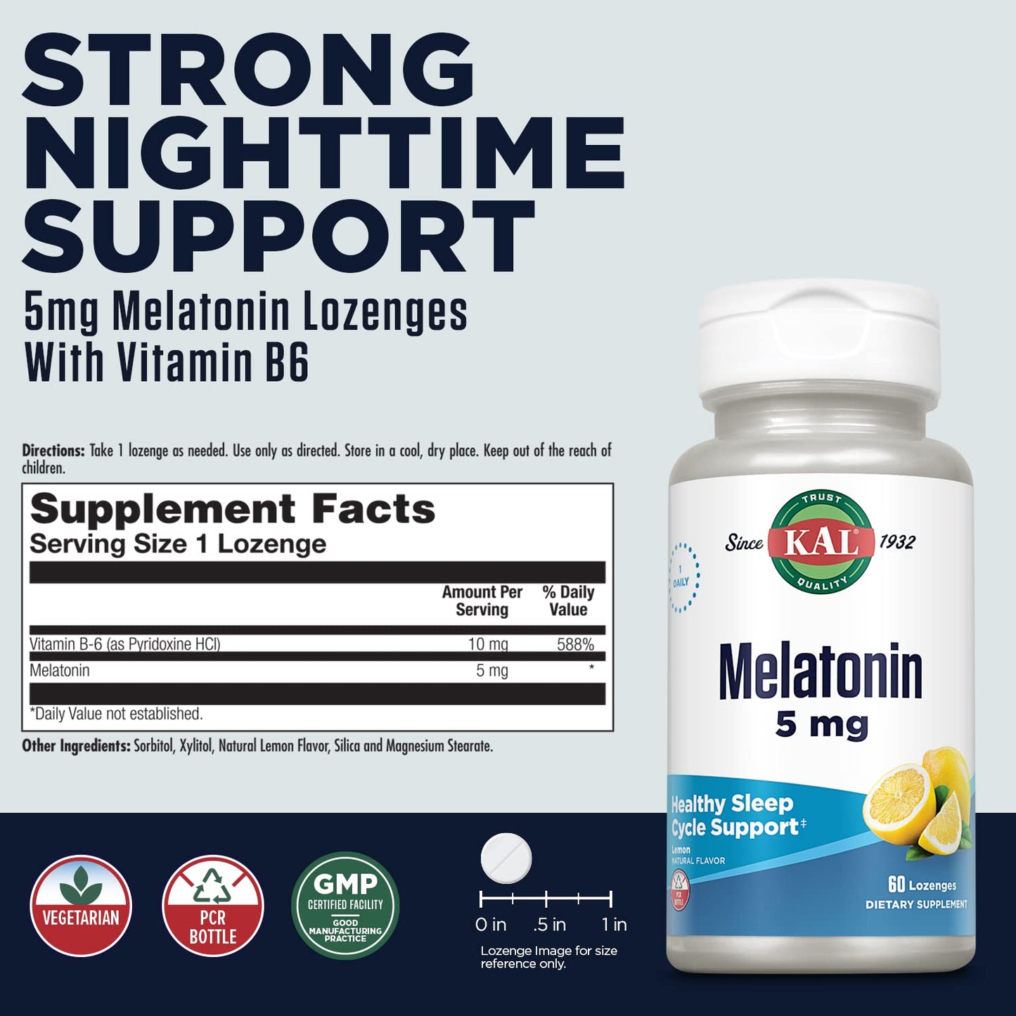 KAL Melatonin 5mg Sleep Aid Lozenges – Sleep Support with Vitamin B6, 60 Vegetarian Lozenges