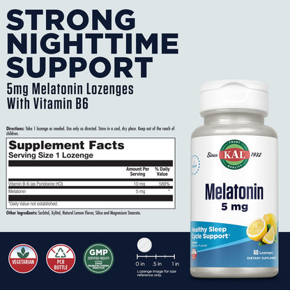 KAL Melatonin 5mg Sleep Aid Lozenges – Sleep Support with Vitamin B6, 60 Vegetarian Lozenges