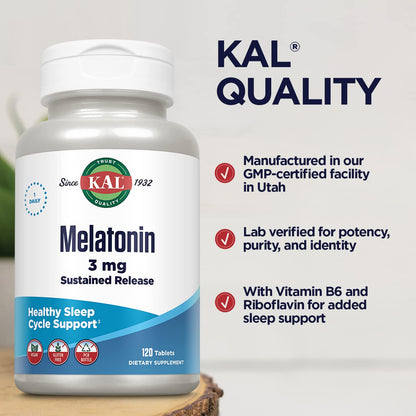 KAL Melatonin 3mg Sustained Release Sleep Aid – Vegan, Gluten Free | 120 tablets