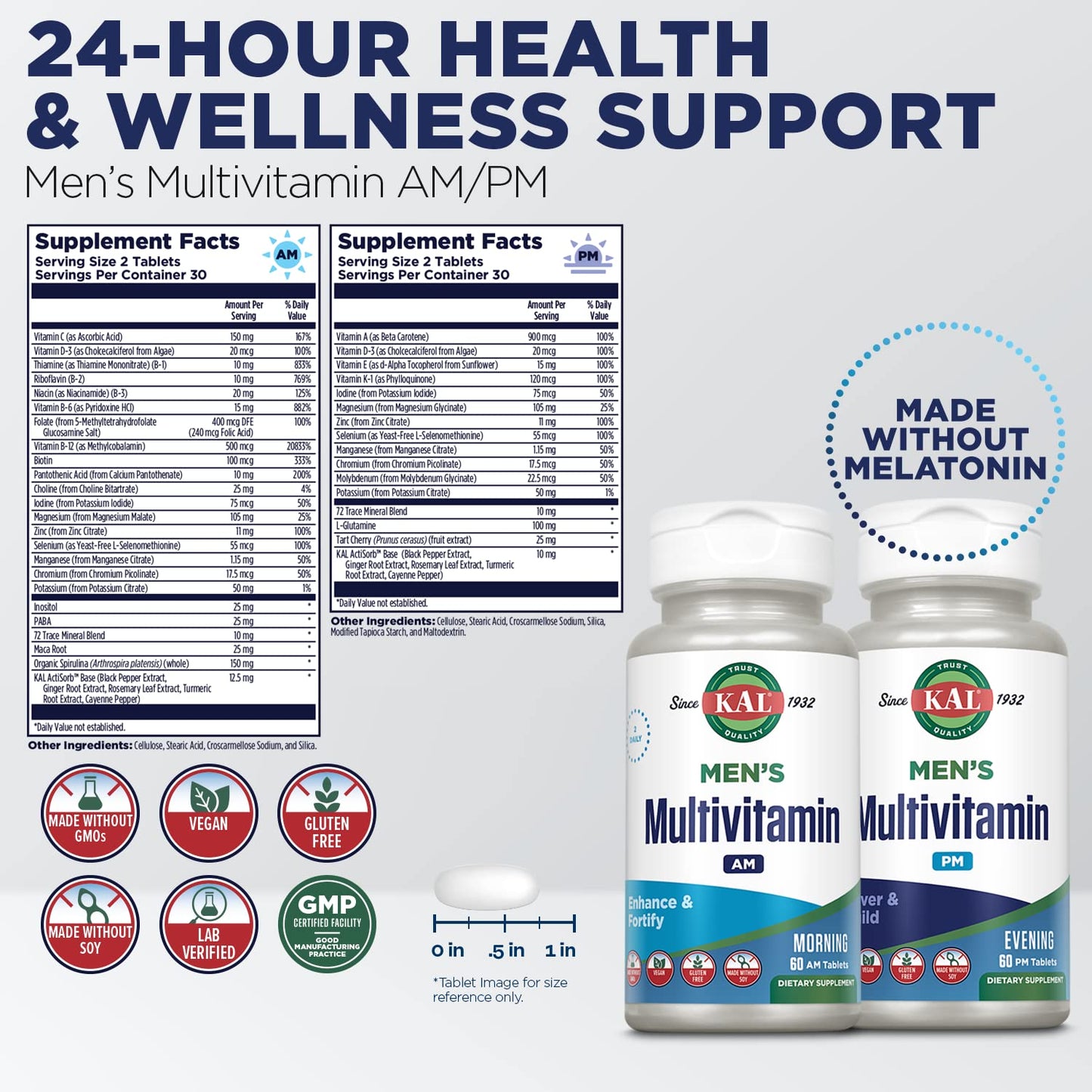 KAL Men's Multivitamin AM/PM – 24-Hour Support for Immune, Muscle & Wellness | 30 Servings, 120 Tablets