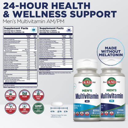 KAL Men's Multivitamin AM/PM – 24-Hour Support for Immune, Muscle & Wellness | 30 Servings, 120 Tablets