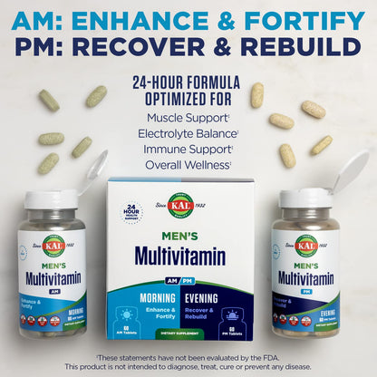 KAL Men's Multivitamin AM/PM – 24-Hour Support for Immune, Muscle & Wellness | 30 Servings, 120 Tablets