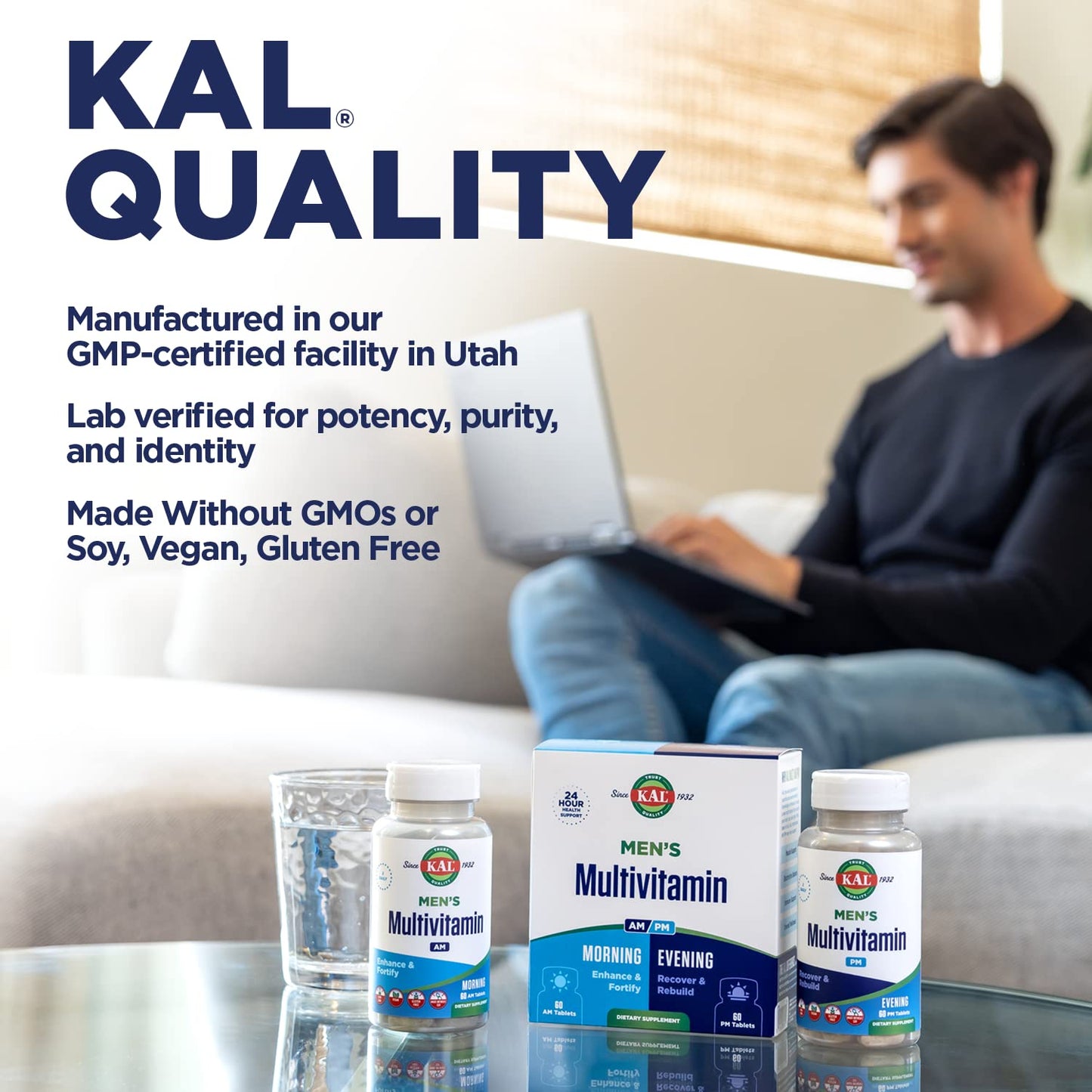 KAL Men's Multivitamin AM/PM – 24-Hour Support for Immune, Muscle & Wellness | 30 Servings, 120 Tablets