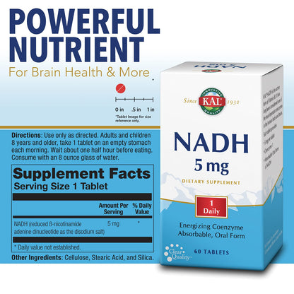 KAL NADH 5mg 60ct – NADH Brain Support (60 Tablets, 60 Serv)