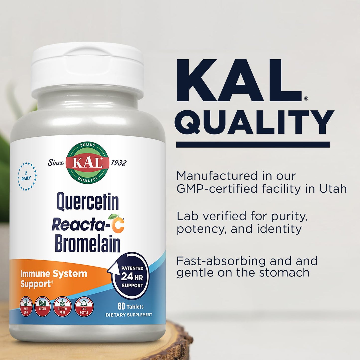 KAL Quercetin Reacta-C Bromelain Immune Support – 60 Tablets, 30 Servings, Vegan, Gluten Free