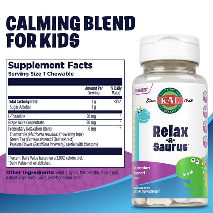 KAL Relax-a-Saurus: Stress Support for Kids – L-Theanine, Herbal Calm, Grape Flavor, 30 Chewables