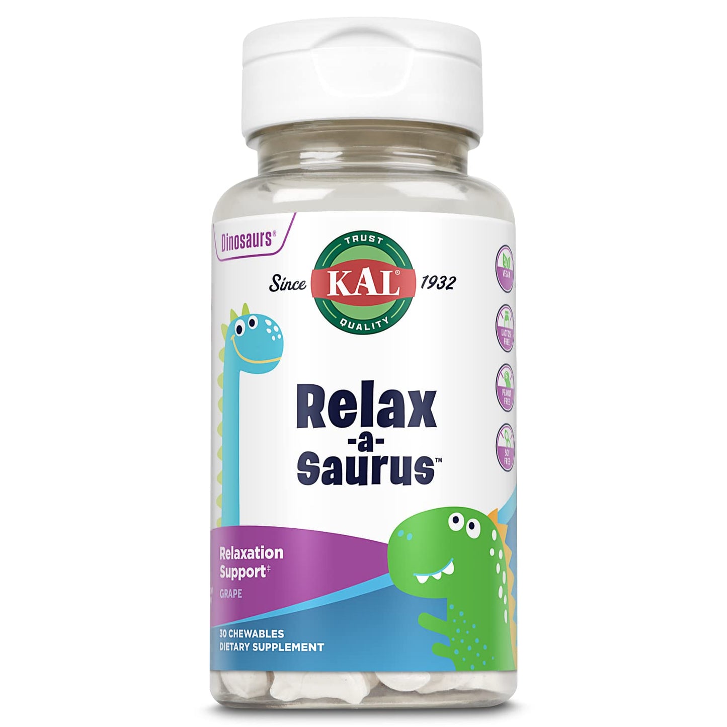 KAL Relax-a-Saurus: Stress Support for Kids – L-Theanine, Herbal Calm, Grape Flavor, 30 Chewables