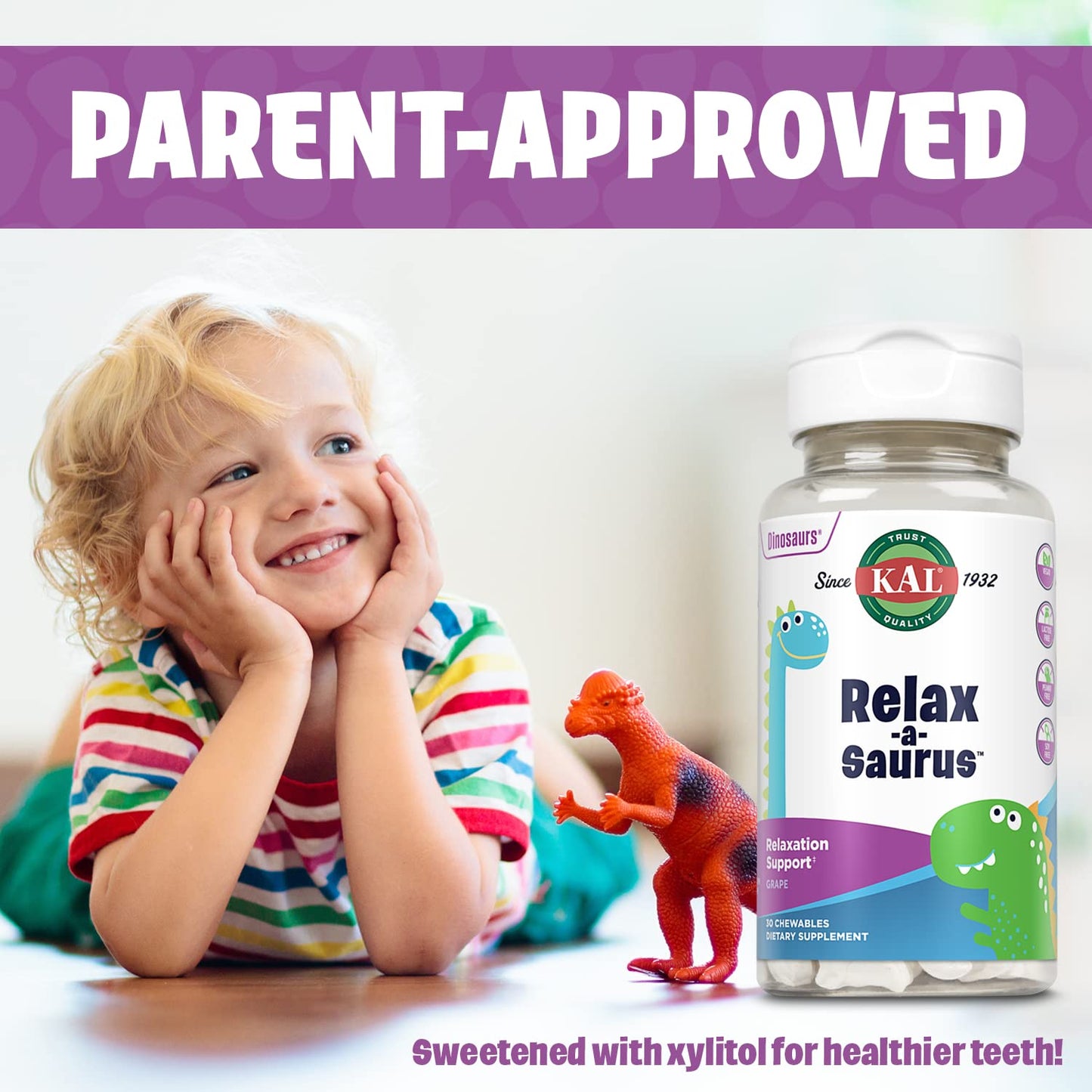 KAL Relax-a-Saurus: Stress Support for Kids – L-Theanine, Herbal Calm, Grape Flavor, 30 Chewables