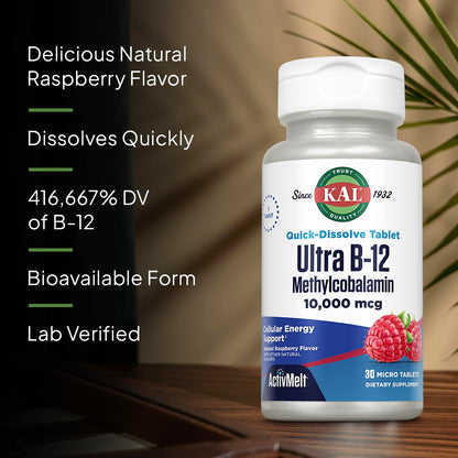 KAL Ultra B12 10,000 mcg – High Potency Methylcobalamin Vitamin B-12