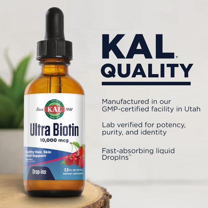 KAL Ultra Biotin 10000mcg DropIns – Liquid Biotin for Hair & Nails, 2oz