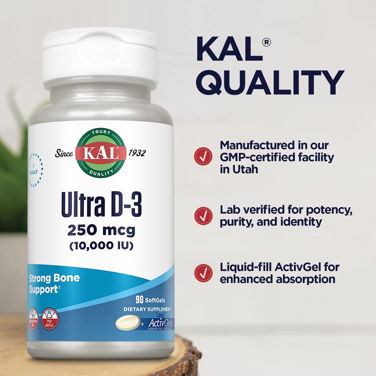 KAL Ultra Vitamin D3 10000 IU Softgels – High Potency, Bone Health & Immune Support (90 Softgels)